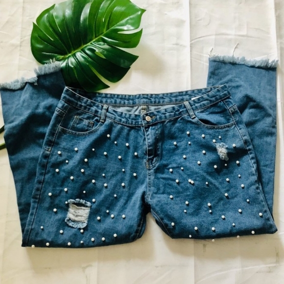 Yjnewprice blue distressed raw hem jeans size 3XL - Picture 3 of 8